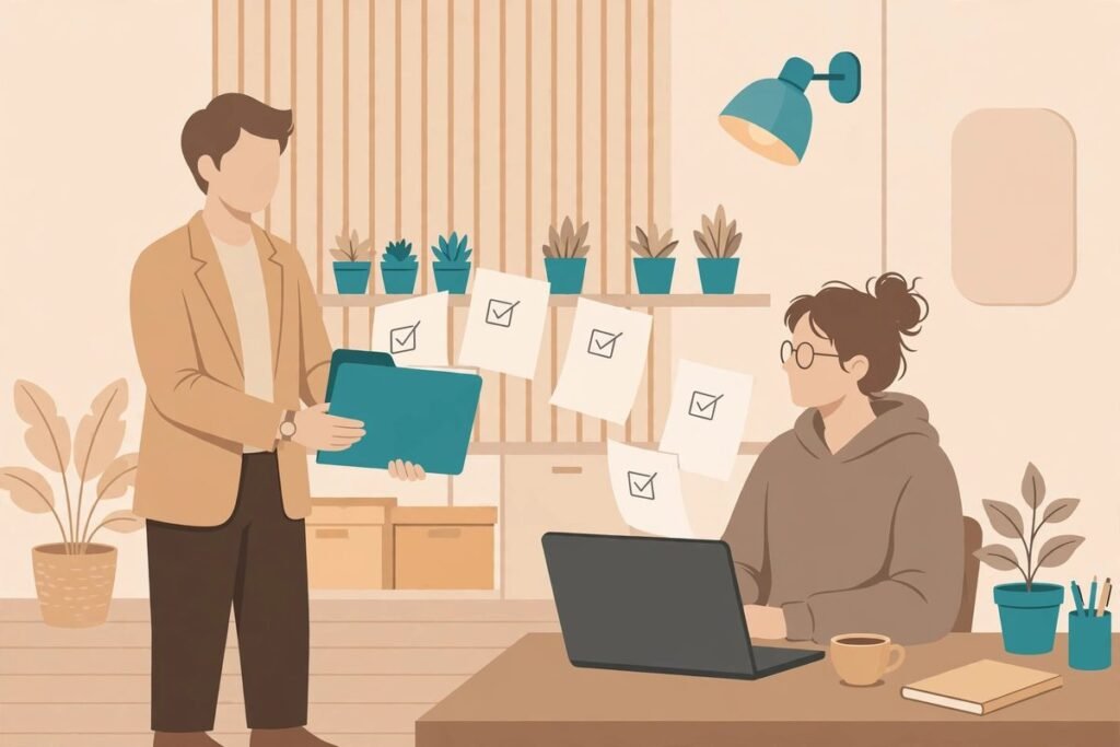 software agency project brief template illustration of client handing a project brief to a developer