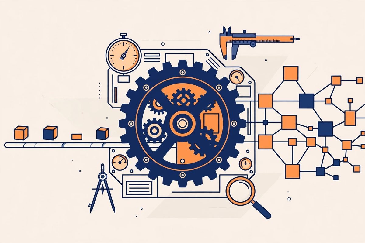 Flat vector illustration of a gear machine showing how software complexity multiplies development effort