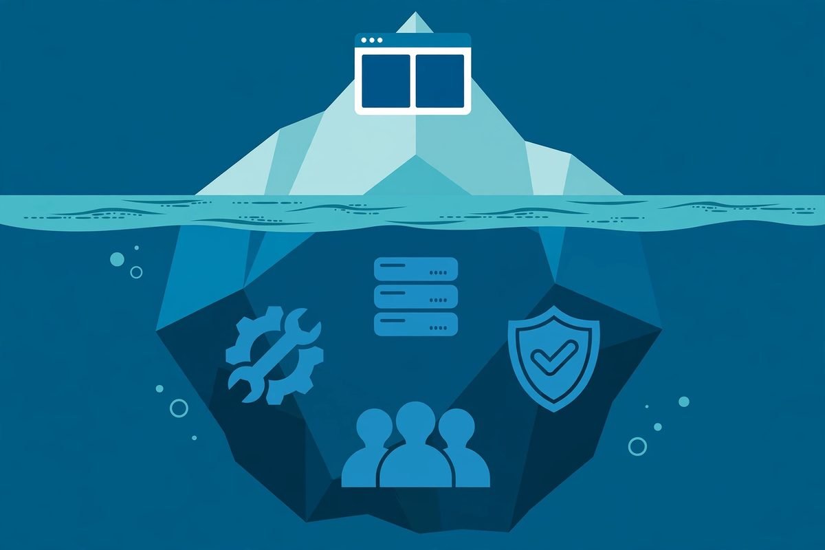 Flat vector illustration of an iceberg showing hidden software costs beneath the surface