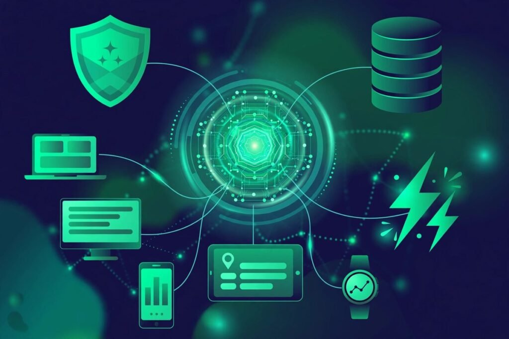 Illustration of a unified backend platform providing authentication, database and realtime...