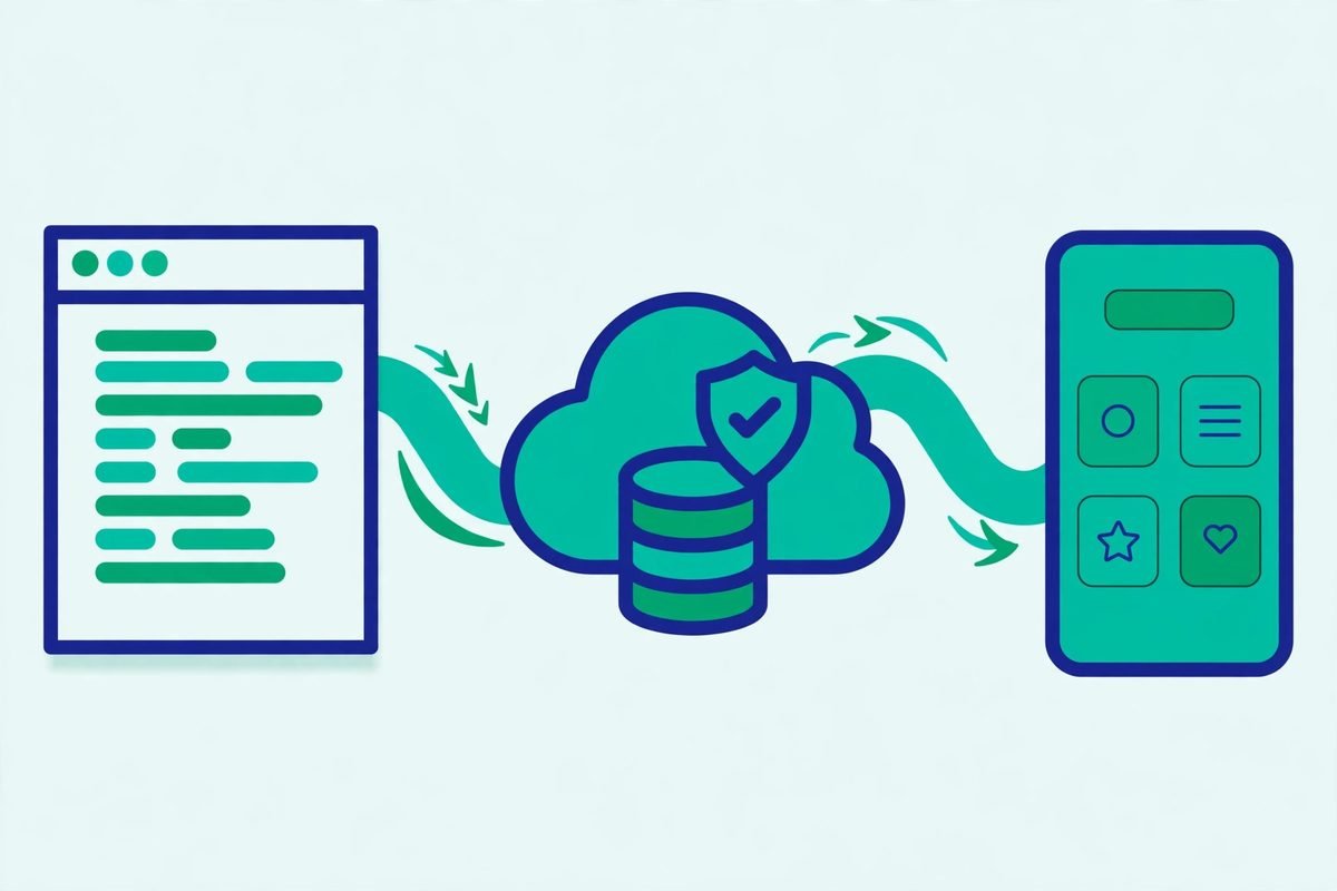 Illustration of a developer workflow connecting a code editor to a Supabase cloud backend and a finished mobile app
