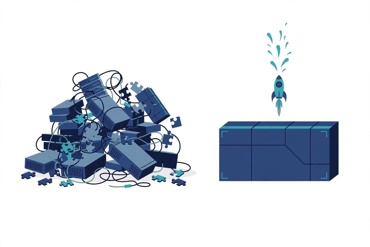 Illustration comparing a tangled traditional backend stack with a single unified Supabase backend platform