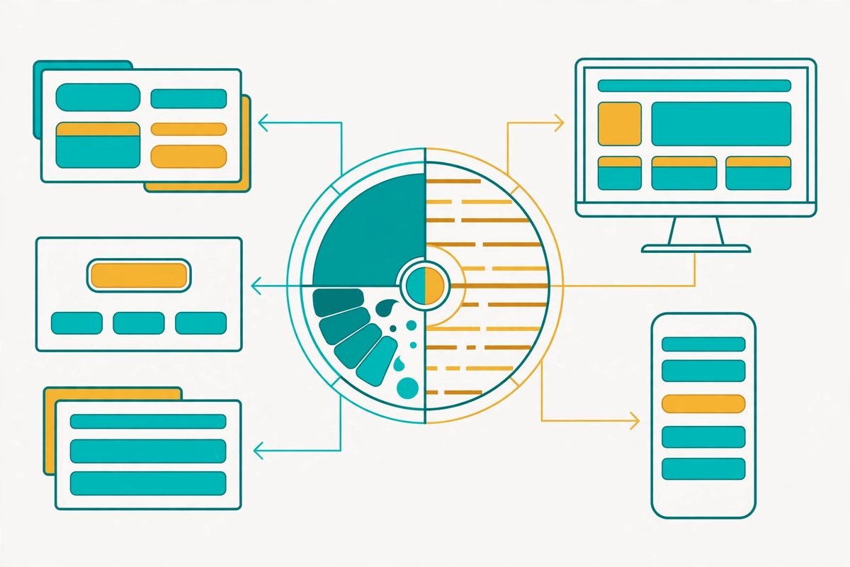 Design token wheel creating consistent interface cards on desktop and smartphone