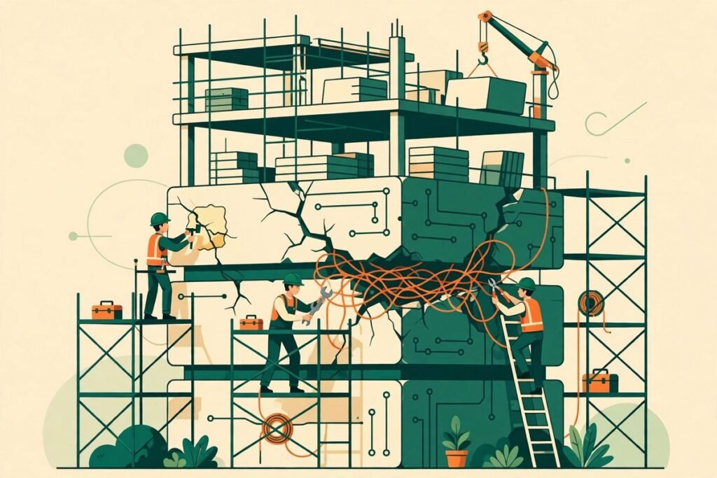 Software technical debt repayment plan illustration showing a codebase being repaired while new features are added