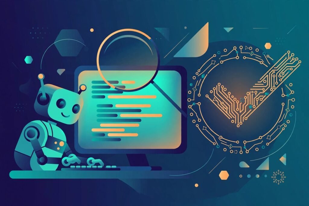 coding agent verification tool illustrated as an AI coding assistant checked under a magnifying glass