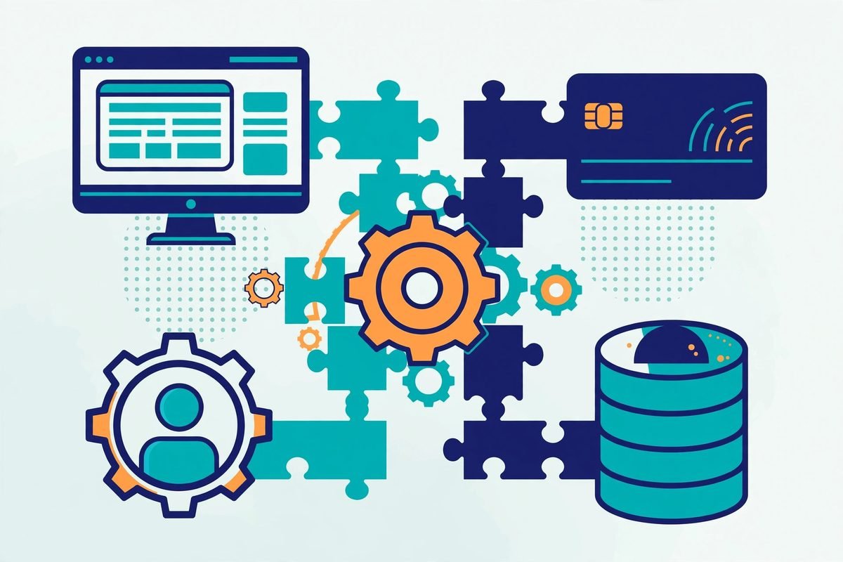 Illustration of the moving parts that drive website development cost: design, payments, user accounts and databases