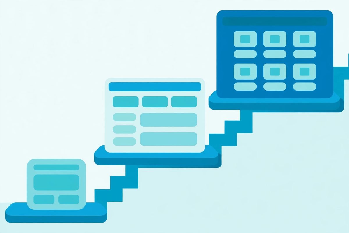 Illustration of three ascending tiers of website complexity from brochure site to e-commerce