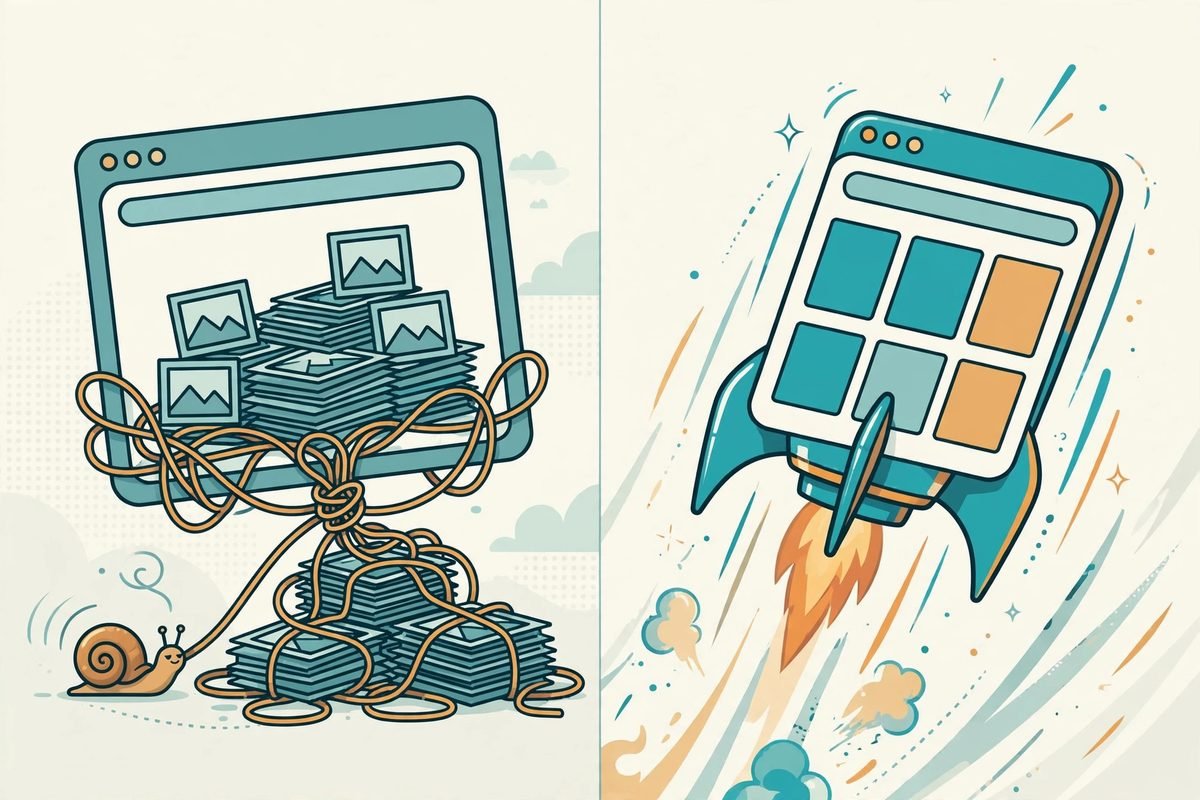 Comparison of a slow heavy website with a snail versus a fast rocket-powered website