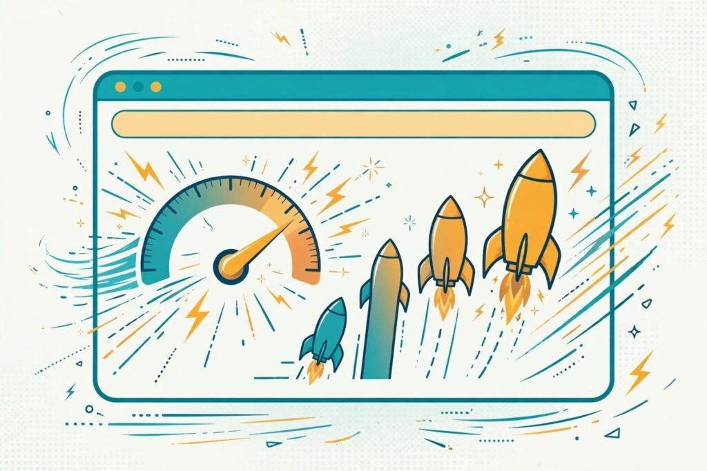 Flat vector illustration of a browser window with a speedometer gauge racing toward the fast...