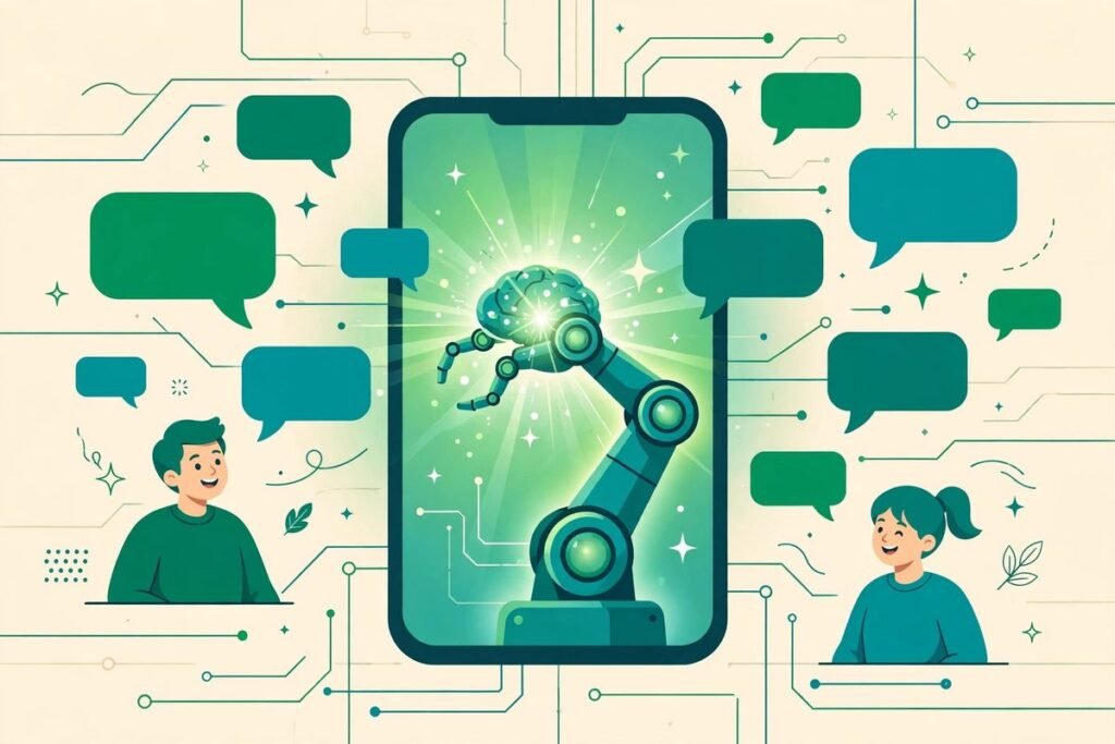 Flat illustration of an AI assistant answering WhatsApp customer messages