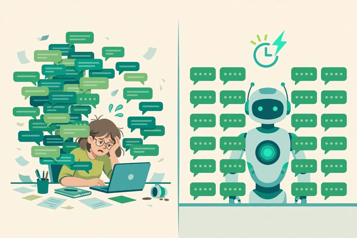 Illustration comparing one overwhelmed human agent with an AI assistant calmly handling many WhatsApp chats