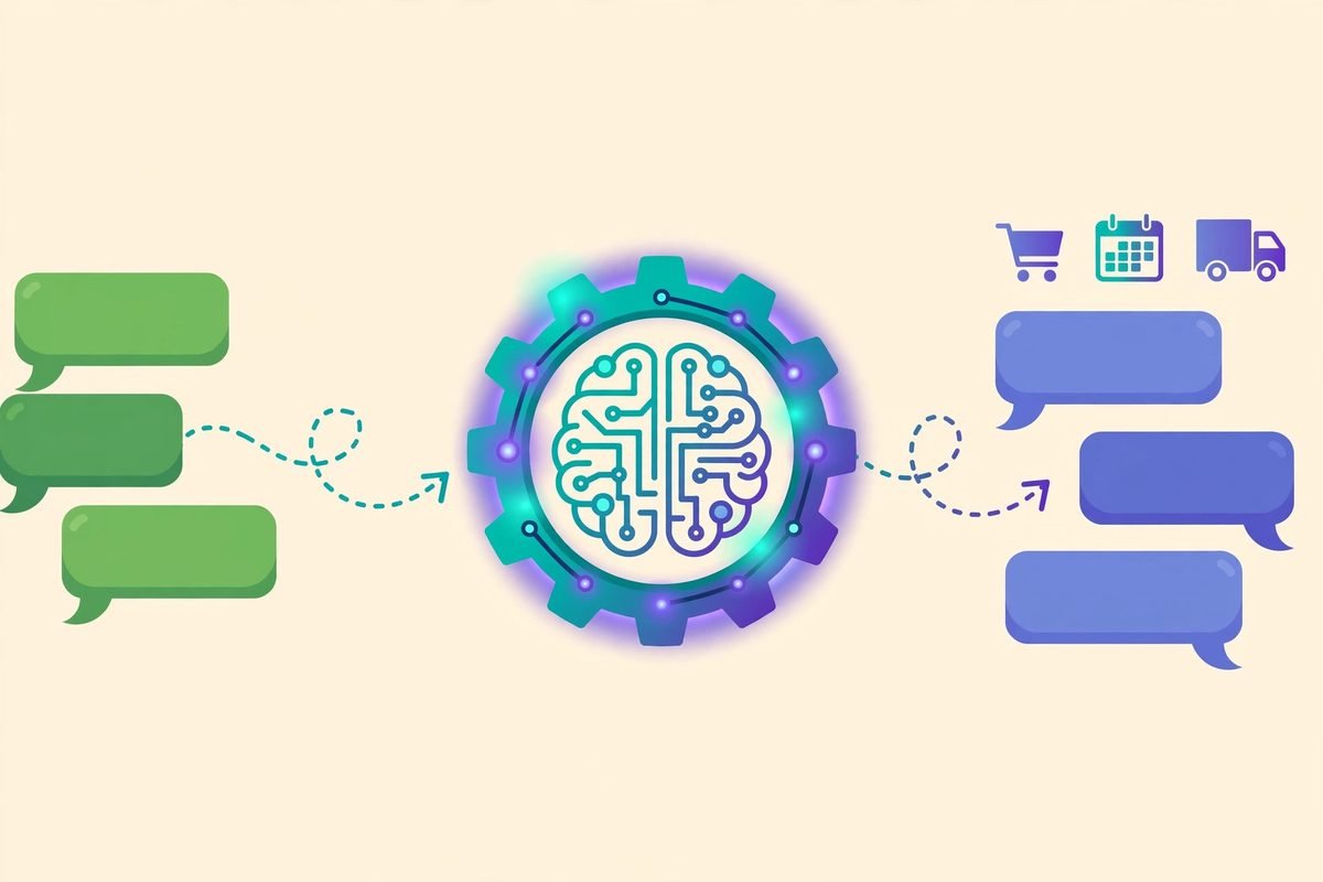 Illustration of customer WhatsApp messages flowing through an AI engine into automated replies for orders and bookings
