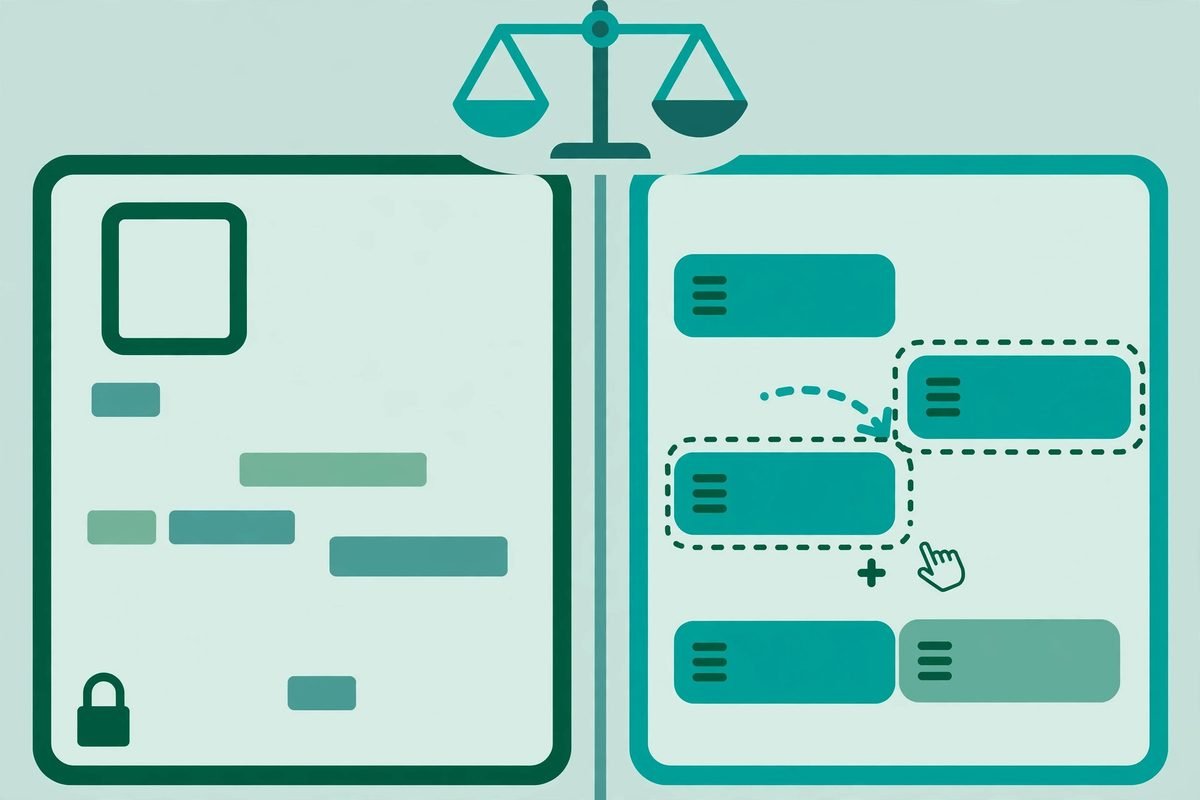 Comparison illustration of rigid page layout versus flexible modular content blocks
