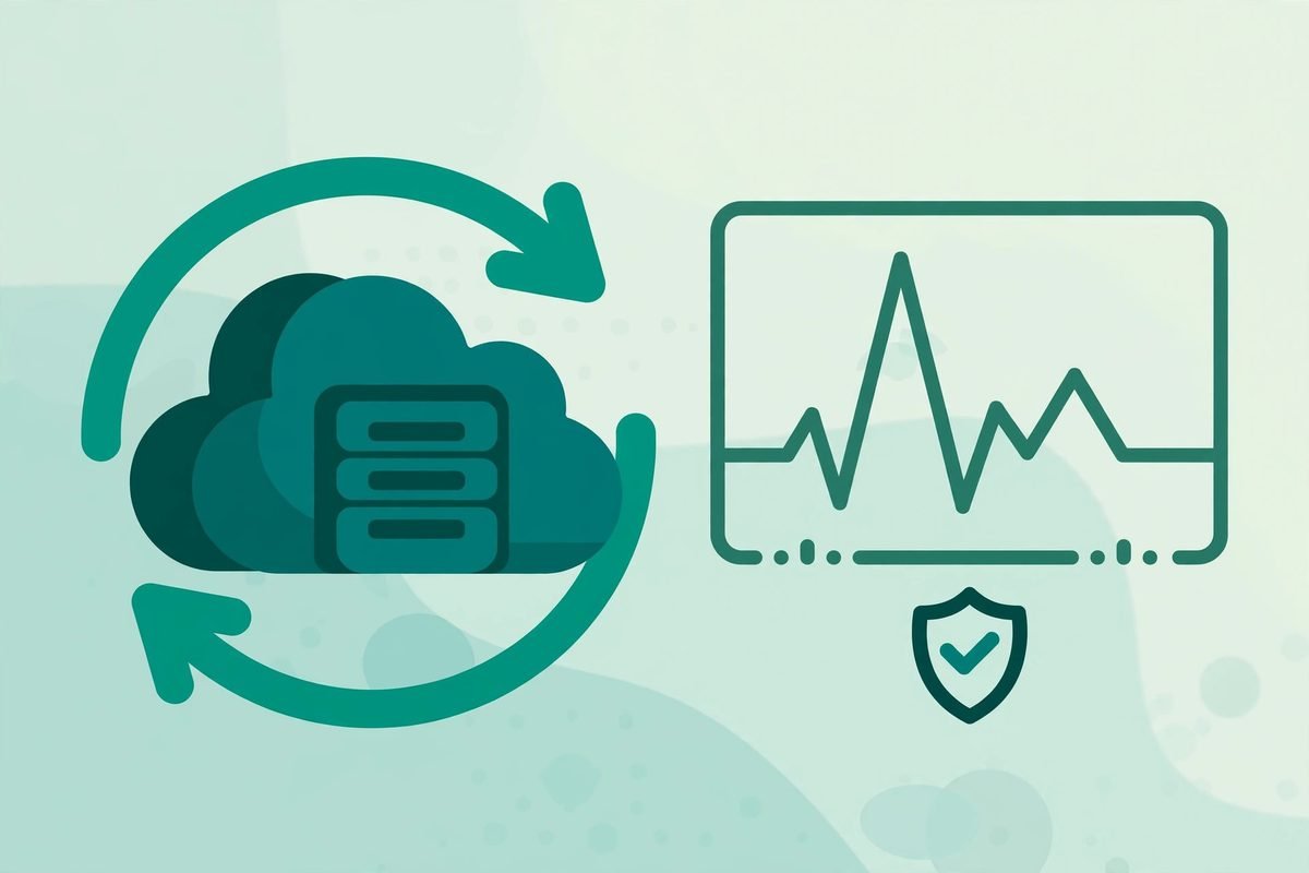 Flat vector illustration of cloud server backup with uptime pulse graph and security shield