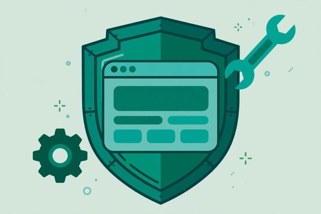 Flat vector illustration of a WordPress website protected by a shield with a wrench and gear,...