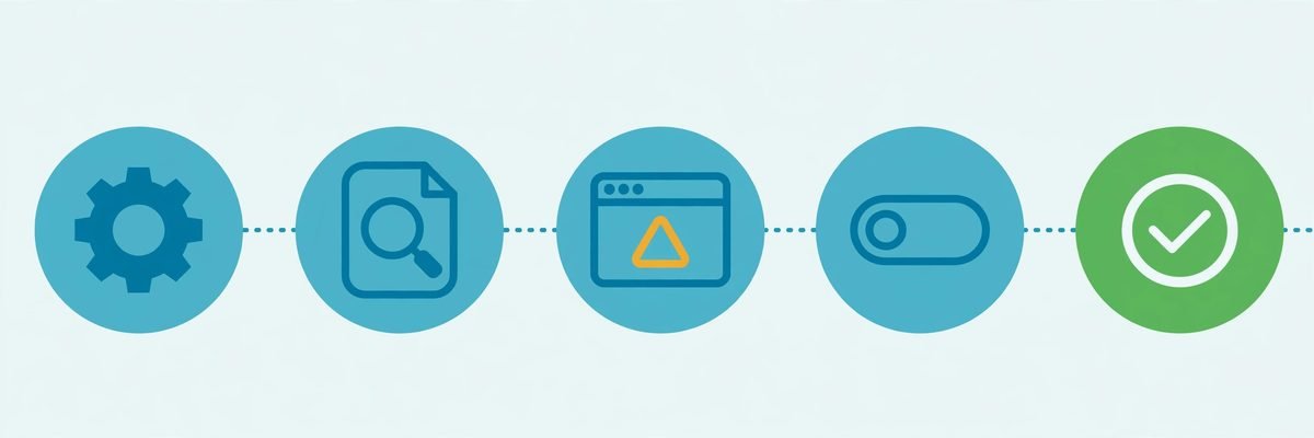 Diagram of a step-by-step WordPress plugin conflict debugging workflow with connected nodes