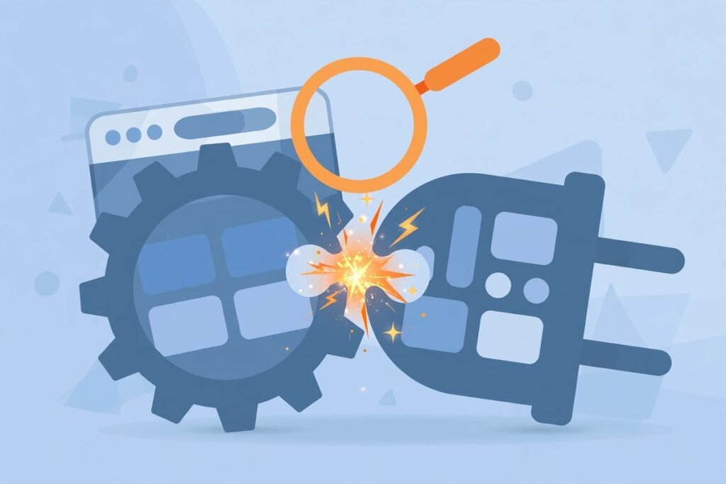 Flat vector illustration of a broken browser window with clashing plugin puzzle pieces under...