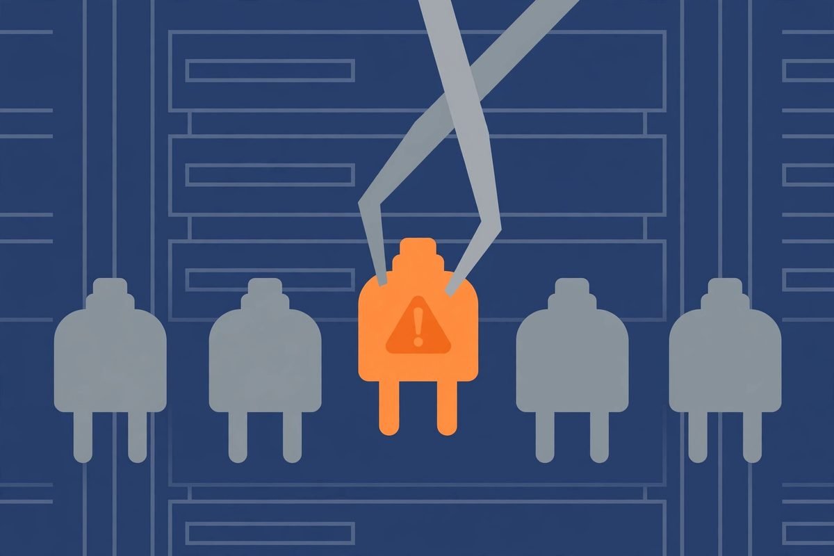 Isolating a faulty WordPress plugin from a row of plugin icons with tweezers