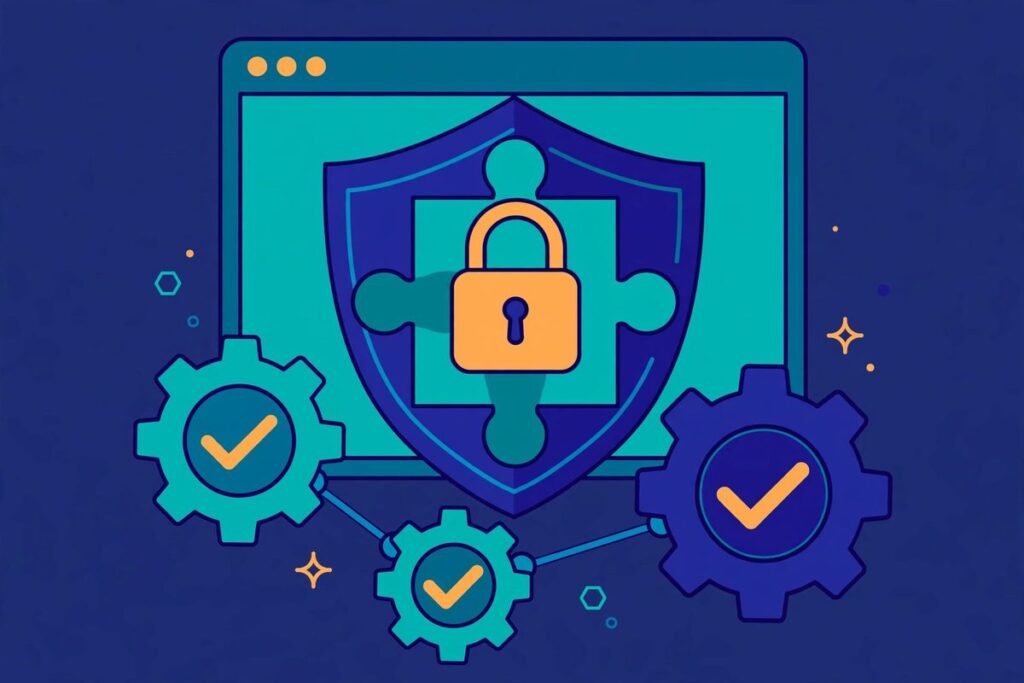 Flat vector illustration of a WordPress plugin puzzle piece protected by a padlock and shield...