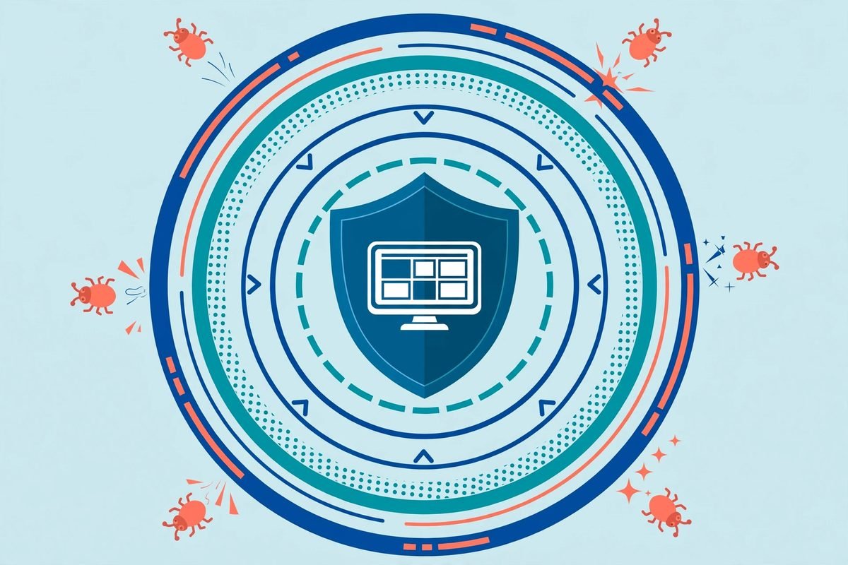 Layered website defenses with a shield blocking small threat icons
