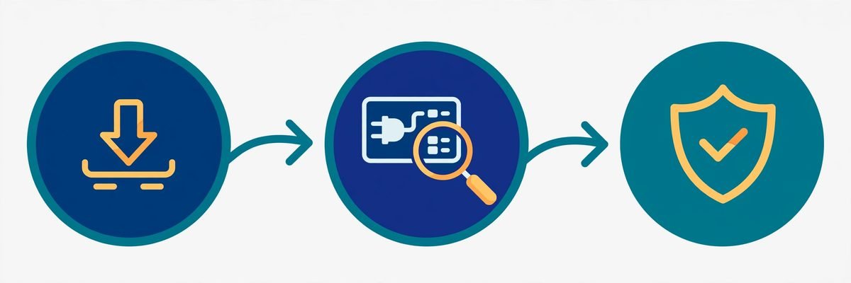 Three-stage plugin update workflow illustration: download, inspection, and approval
