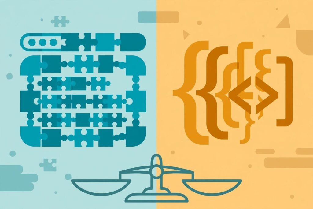Flat vector illustration comparing WordPress block editor with custom React development
